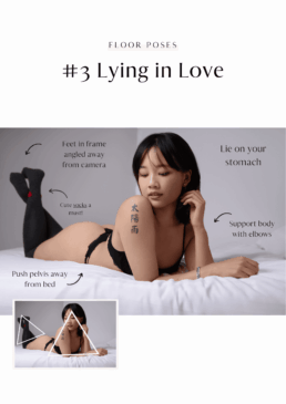 an asian woman lying down on a bed in cute socks in boudoir poses