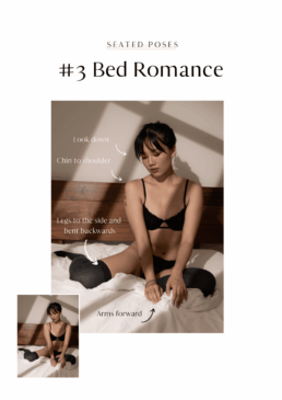 an asian woman seated on a bed in boudoir poses
