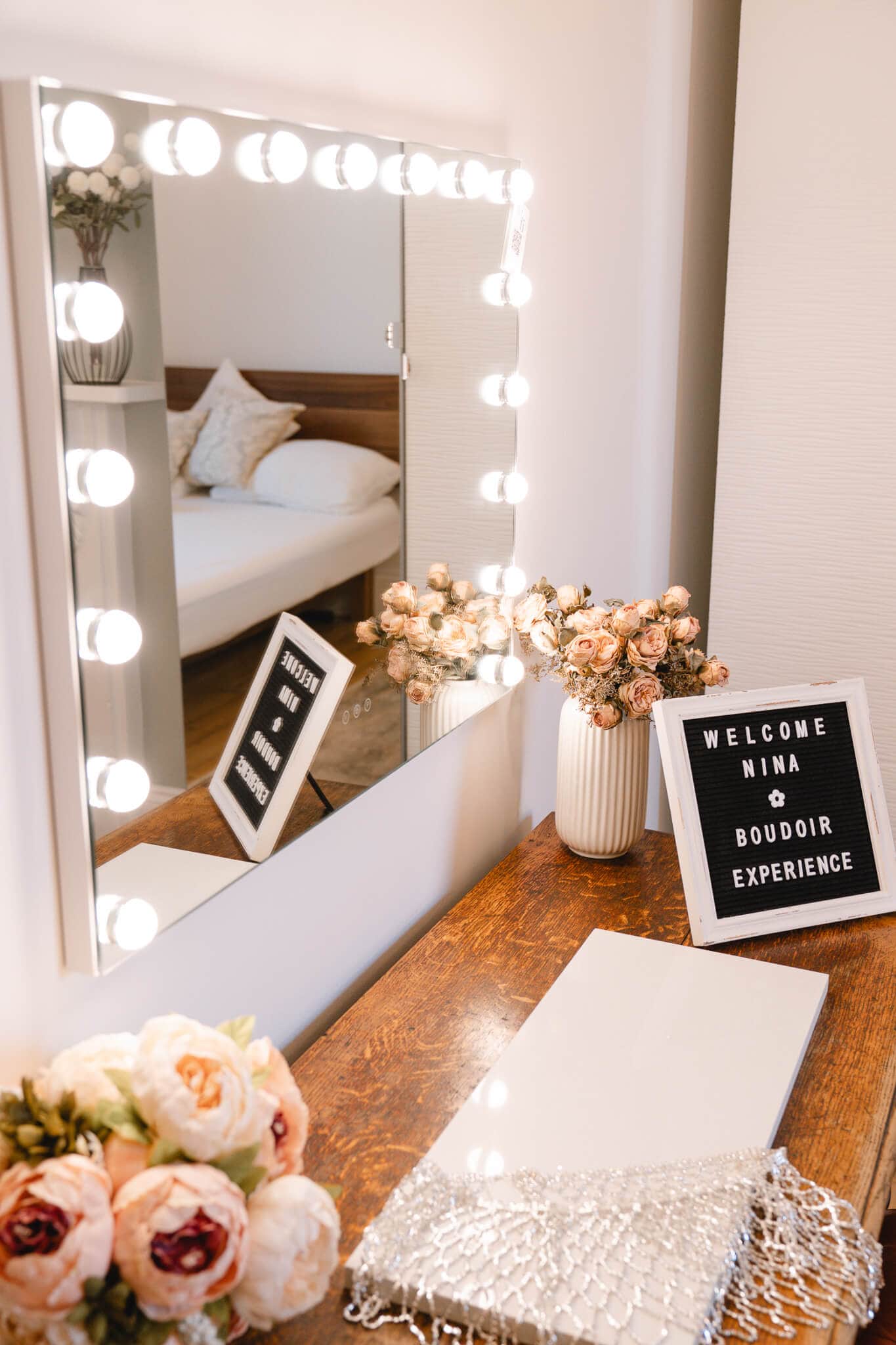Private London boudoir studio with soft light, wooden floors and elegant period features.